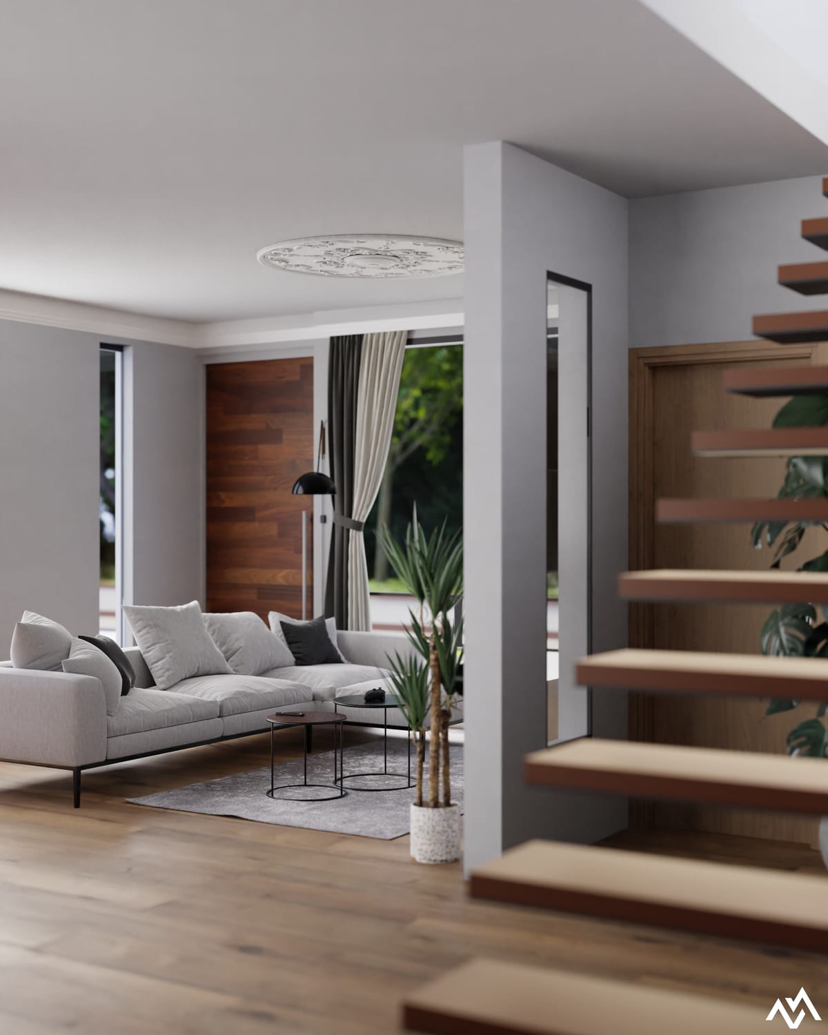 3D-render van een woonkamer met trap, gebouwd voor een configurator